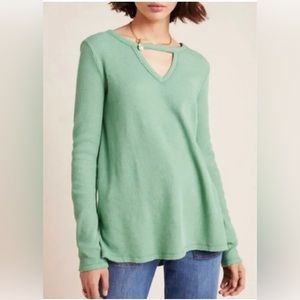 ANTHROPOLOGIE T.La GREEN NADIA CUT OUT THERMAL WAFFLE TUNIC TOP